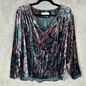 Anthropologie Top Womens XS Green Floral Velvet Long Sleeve Party Holiday Chic